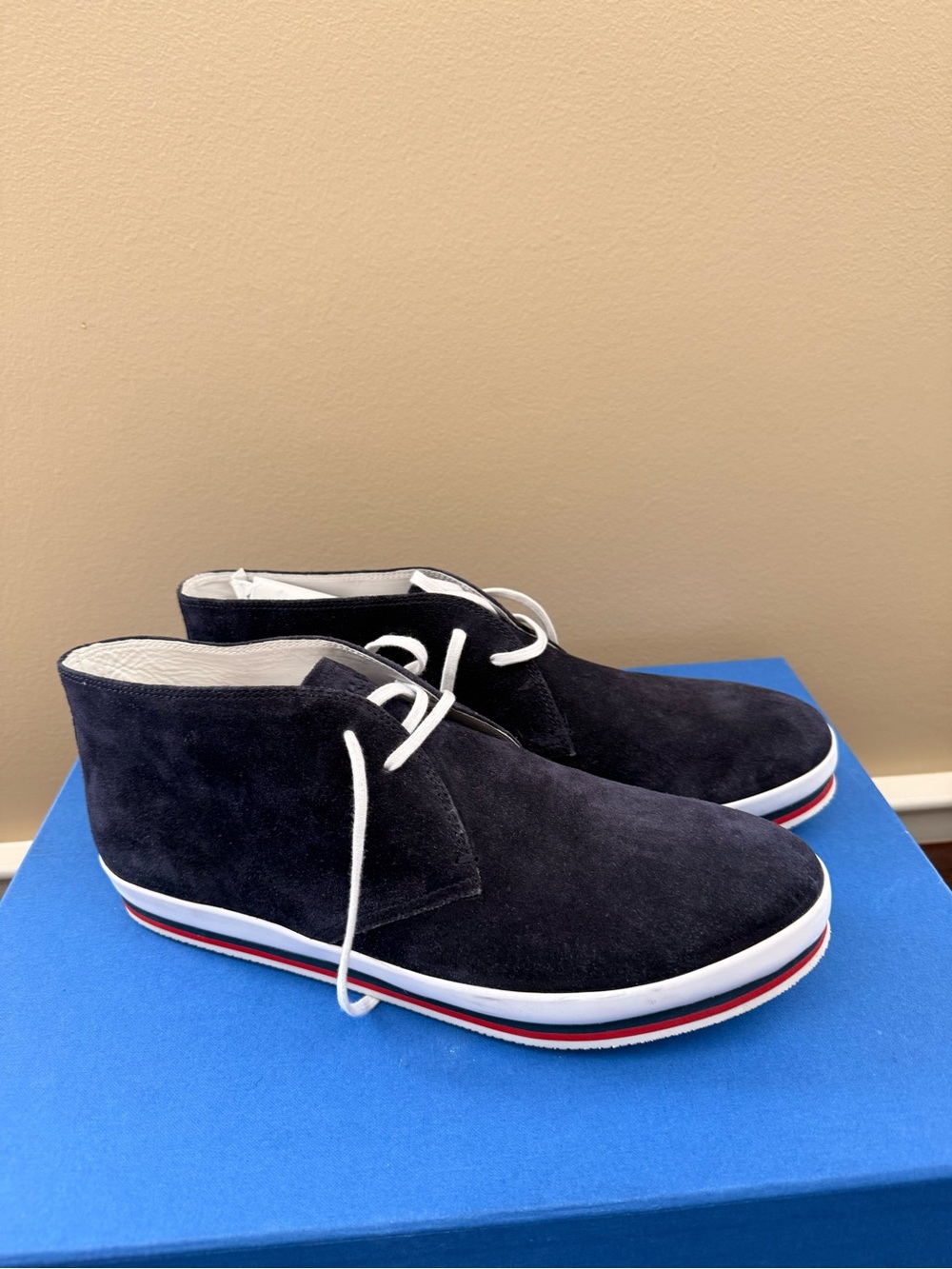 Prada Navy Suede Chukka Boots with White Laces
